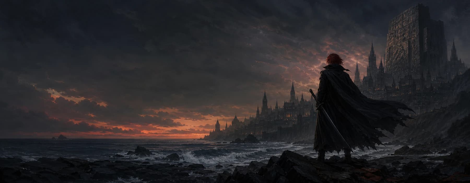 A cloaked investigator facing a dark coastal city